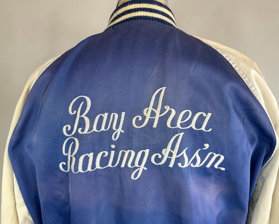 1950s Bay Area Racing Association Car Club Jacket | Vintage 50s Blue and White 2-Tone Sport Racing Coat with Embroidered Lettering | Medium