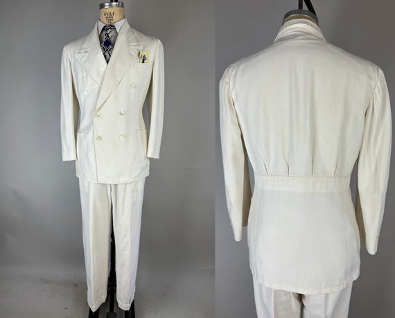 1930s Stay Cool Suit | Vintage 30s Belted Back White Linen Wool 2-Piece Peak Lapel Double-Breasted Jacket & Pants | Size 40/42 Medium/Large