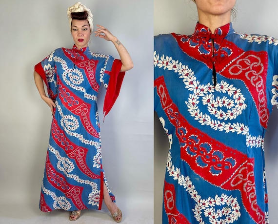 1940s Luau Lei Pake Muu | Vintage 40s Red Blue White Cotton Hawaiian Dress Gown with Peaked Sleeves & Floral Chains | Medium Large