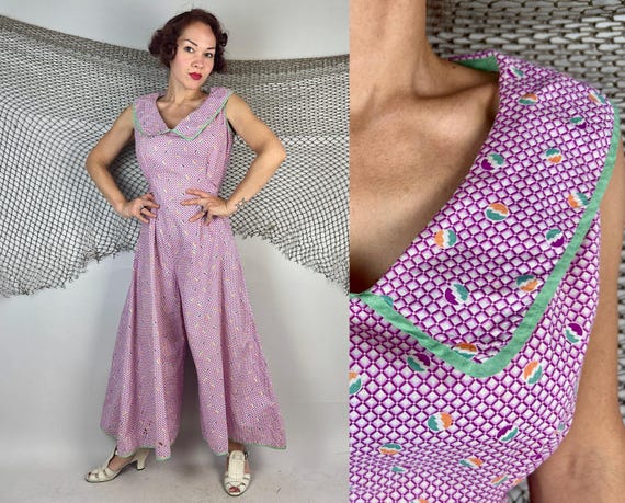 1920s Having A Ball Beach Pajamas | Vintage 20s Purple Green Orange and White Cotton Jumpsuit Romper w/Net & Circles Print | Medium Large XL