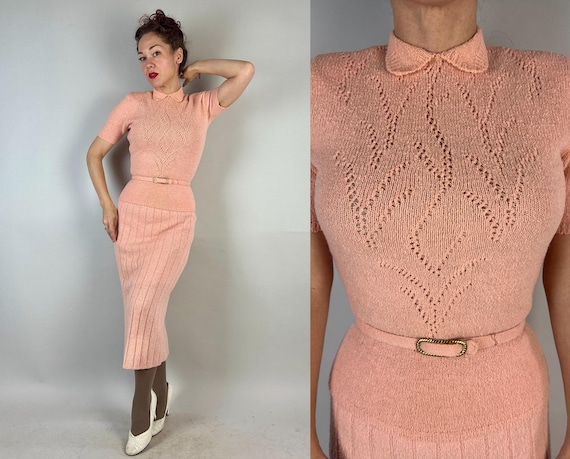 1940s Candy Pink Bombshell Knit Set | Vintage 40s Curve Hugging Wool Peachy Pink Sweater Top, Skirt, & Belt Three-Piece Set | Small Medium