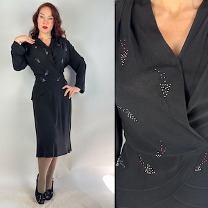 1940s Right To The Point Dress | Vintage 40s Black Rayon Crepe Faux Wrap Frock w/Pink Silver & Brass Arrow Studs and Peplum | Extra Large XL