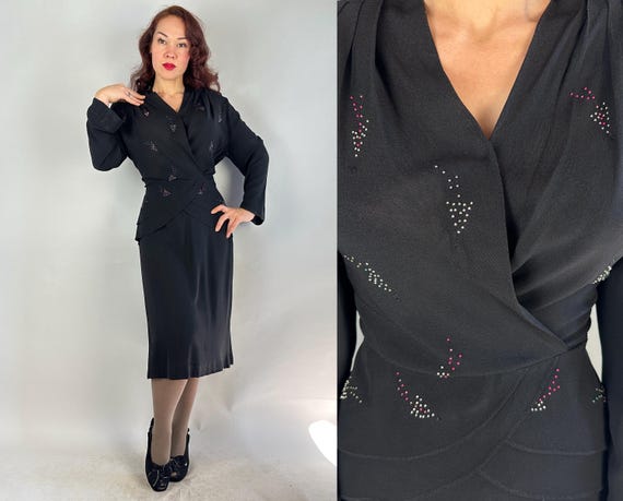 1940s Right To The Point Dress | Vintage 40s Black Rayon Crepe Faux Wrap Frock w/Pink Silver & Brass Arrow Studs and Peplum | Extra Large XL