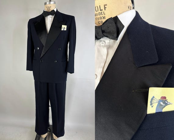 1940s Hollywood Heartthrob Tuxedo | Vintage 40s Black Wool Two-Piece Double Breasted Tux Suit with Silk Peak Lapels | Size 38/40 Medium