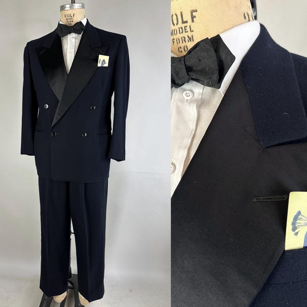 1940s Hollywood Heartthrob Tuxedo | Vintage 40s Black Wool Two-Piece Double Breasted Tux Suit with Silk Peak Lapels | Size 38/40 Medium