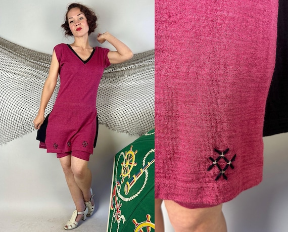 1910s Spritely Splish Splash Swimsuit | Vintage Antique Teens Fuchsia and Black Wool Knit Bathing Suit w/Embroidery | Large Extra Large XL