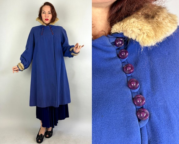 1930s Premiere Prima Donna Coat | Vintage 30s Deep Violet Wool Overcoat with Blonde Fur Cuffs and Collar and Deco Buttons | Medium Large