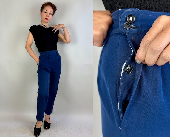 1940s Carefree Catherine Trousers | Vintage 40s Midnight Blue Wool Twill Pants with Pleated Front Pockets and Side Buttons | Medium
