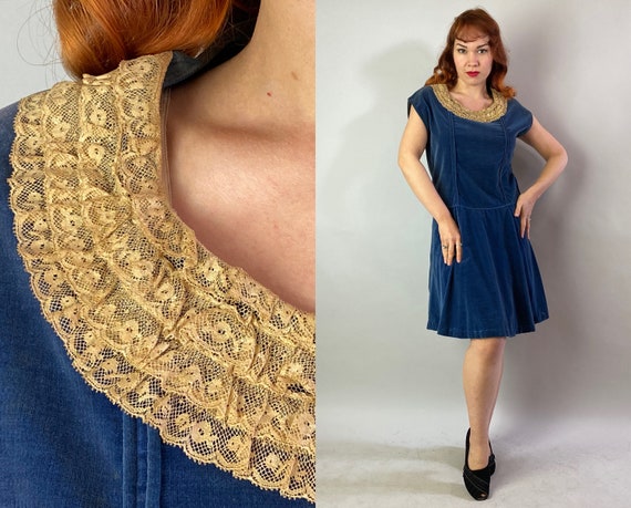 1920s My Blue Heaven Dress | Vintage 20s Persian Blue Cotton Velveteen Flapper Frock w/Tiered Ecru Lace Trim & Piping Details | Small Medium