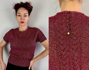 1950s Gilded Gal Sweater | Vintage 50s Plum Purple Wool and Gold