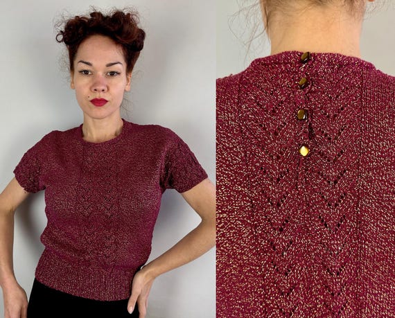 1950s Gilded Gal Sweater | Vintage 50s Plum Purple Wool and Gold Lurex Knit Pullover Jumper w/Chevron Lace Stripes | Small Medium Large XL