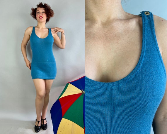 1920s Terrific in Turquoise Swimsuit | Vintage 20s Blue Green Wool Art Deco One Piece Bathing Suit Swim Costume with Button | Small Medium