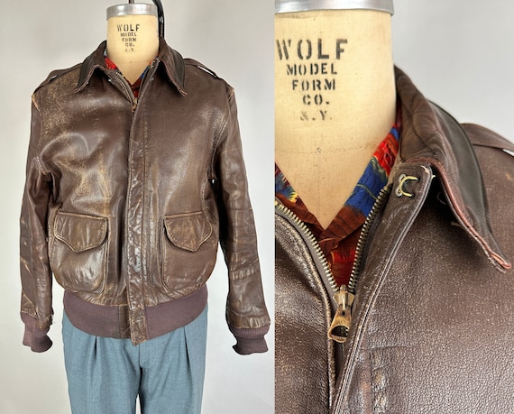 1930s Speedy Getaway Jacket | Vintage 30s Coffee Bean Brown Leather A2 Flight Jacket with Snap Flap Pockets and Knit Accents | Medium/Large