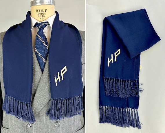 1930s Harry Potter's Dandy Day for a Drive Scarf | Vintage 30s Rayon Crepe Neckwear Scarf in Navy Blue with White "HP" Monogram and Fringe