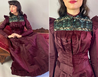1800s Lady of Luxury Dress Set | Antique Victorian Two Piece Ox Blood Red Silk Gown Skirt and Bodice w/Black Lace over Blue | Extra Small XS