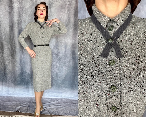 1940s Statuesque and Stunning Knit Dress | Vintage 40s Grey with Red and White Flecks Boucle Wool Button Up Frock | Small Medium Large