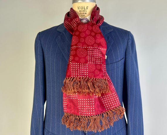 1930s Scintillating Circles Scarf | Vintage 30s Red Silk Muffler Formal Ascot with Grey Spots in Diamond Form and Fringe Trim