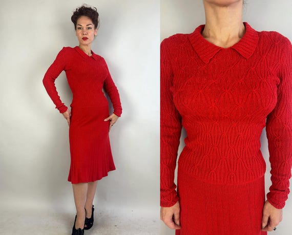 1940s Candy Apple Cutie Knit Ensemble | Vintage 40s Red Wool Cabled Hourglass Sweater Pullover and Ribbed Skirt Set | Small Medium Large