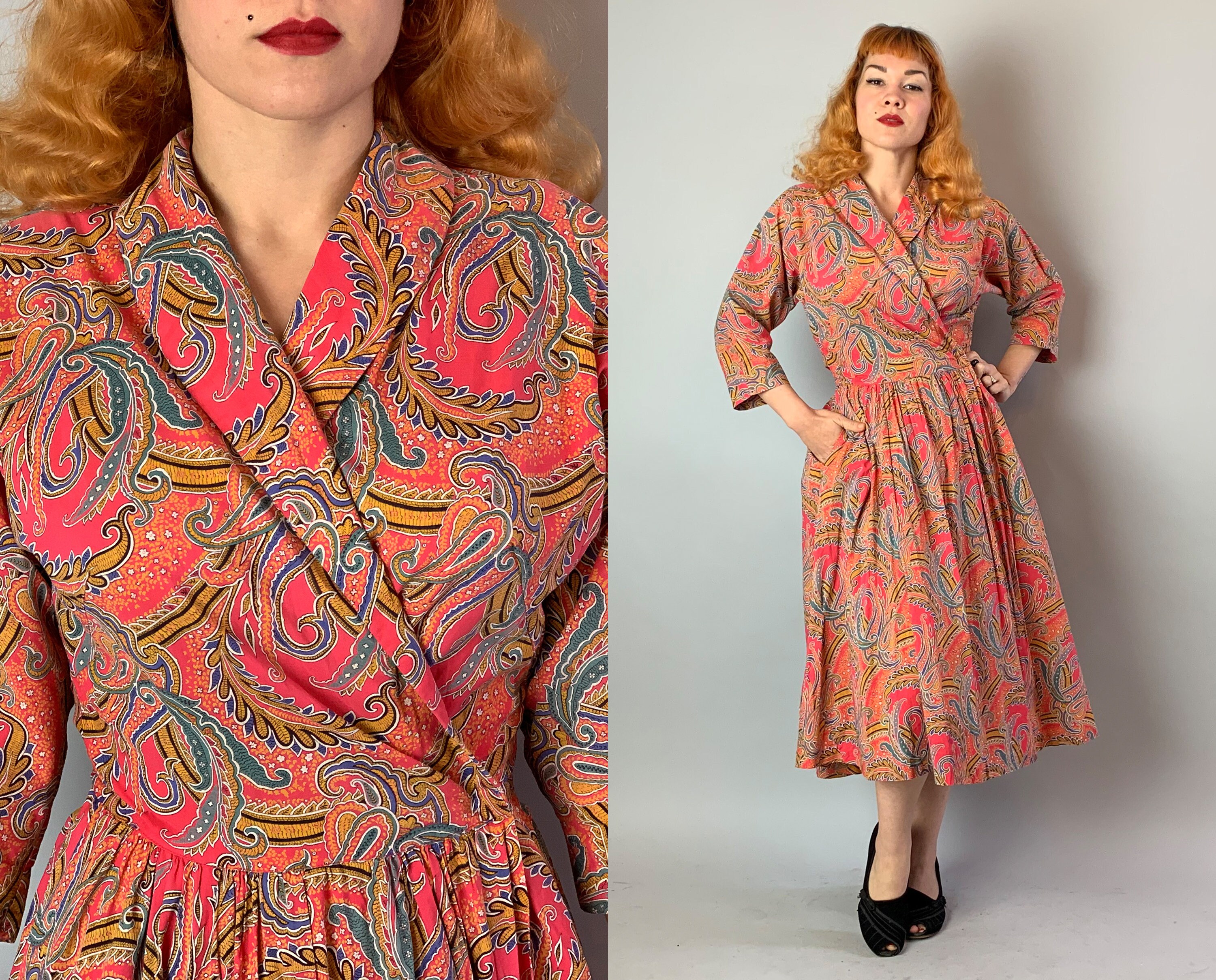 1940s Paisley Wrap Dress Vintage 40s Cotton Pink Red Orange | Etsy Hong Kong