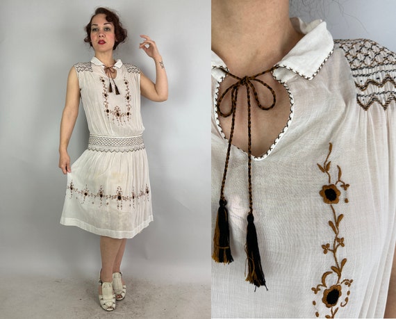 1920s Pretty Peasant Frock | Vintage 20s White Cotton Voile Sheer Sleeveless Hungarian Dress with Black and Brown Embroidery | Large XL