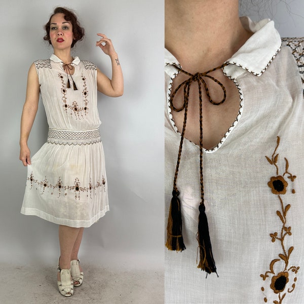 1920s Pretty Peasant Frock | Vintage 20s White Cotton Voile Sheer Sleeveless Hungarian Dress with Black and Brown Embroidery | Large XL