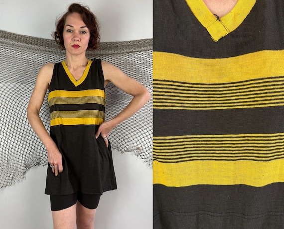 1920s Bees Knees Bathing Suit | Vintage Antique 20s Charcoal Grey and Yellow Cotton Jersey Knit One Piece Swimsuit Swimwear | Extra Large XL