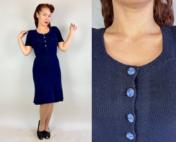 1940s Midnight Beauty Knit Dress | Vintage 40s Dark Blue Button Up Wool Frock with Padded Shoulders and Ribbed Skirt | XS Small Medium