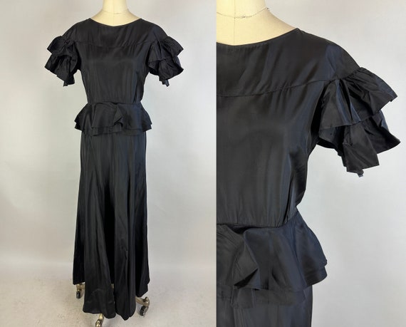 1930s Ravishingly Raven Dress | Vintage 30s Black Silk Taffeta Evening Gown w/Tiered Ruffle Sleeves and Double Peplum | Small Extra Small XS