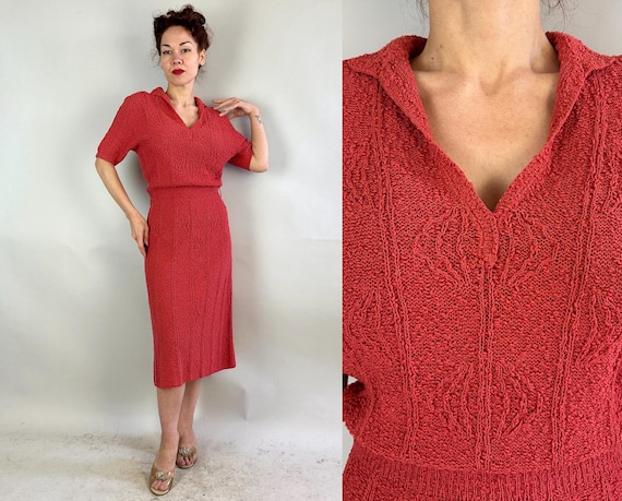 1950s Winter Watermelon Knit Dress | Vintage 50s Melon Pink Nubby Boucle Wool Curve Hugging Knitwear Hand Loomed Frock | Medium Large