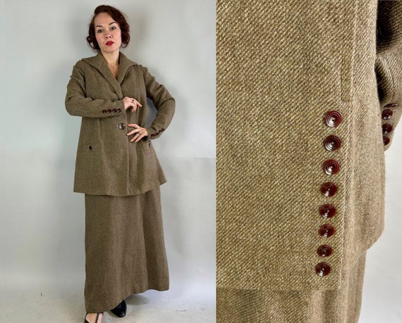 1910s Meandering the Moors Walking Suit | Vintage Antique Teens Edwardian Brown & Grey Tweed Twill Wool Frock Jacket and Skirt Set | Medium