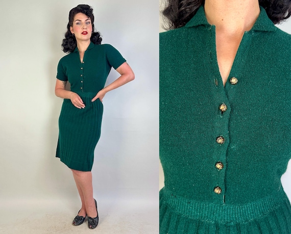 1940s Evergreen Envy Knit Dress | Vintage 40s Dark Green Wool Knitwear Frock with Gold Buttons and Ribbed Accents | Medium Large