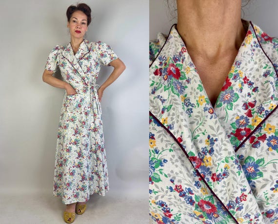 1930s To Lounge or Lunch Wrap Dress | Vintage 30s White Red Blue Yellow Green Grey Floral Cotton Dressing Gown Tie Frock | Medium Large