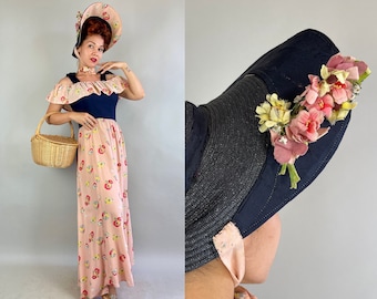 1930s Dainty Diana Gown and Hat Set | Vintage 30s Navy Blue and Pink Rayon Crepe with Poppy Print Dress with Straw Bonnet | Small Medium