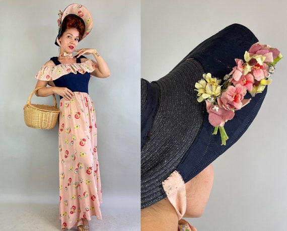 1930s Dainty Diana Gown and Hat Set | Vintage 30s Navy Blue and Pink Rayon Crepe with Poppy Print Dress with Straw Bonnet | Small Medium