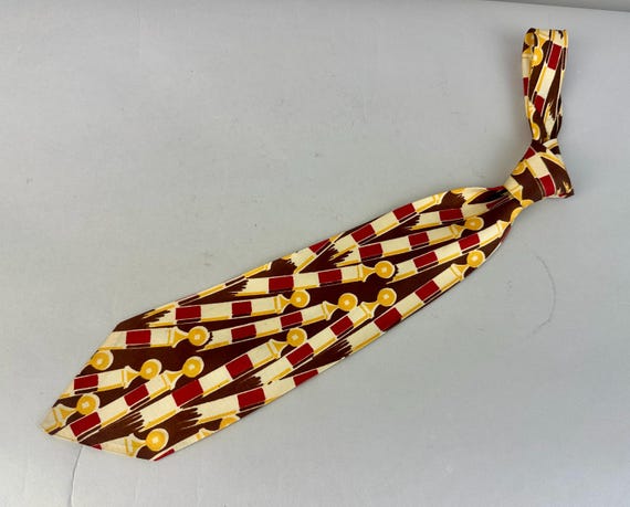 1940s Call of the Canals Necktie | Vintage 40s Red White Yellow and Brown Gondola Pole Novelty Print Venice Venetian Rayon Self Tie Cravat
