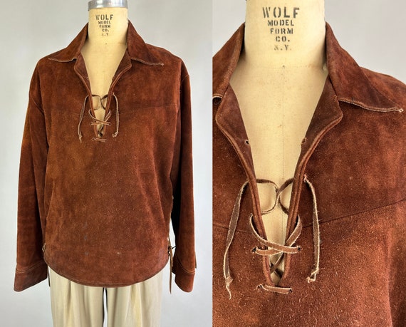 1940s King of the Wild Frontier Pullover | Vintage 40s Brown Suede Leather Shirt w/Lace Up Neck Side Zips & Pockets | Size 44 Extra Large XL