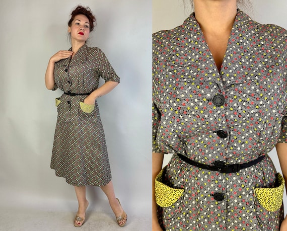 1950s Up and Atom Atomic Dress | Vintage 50s Black White Red and Chartreuse Textured Cotton Button Up Frock with Pockets | Extra Large XL