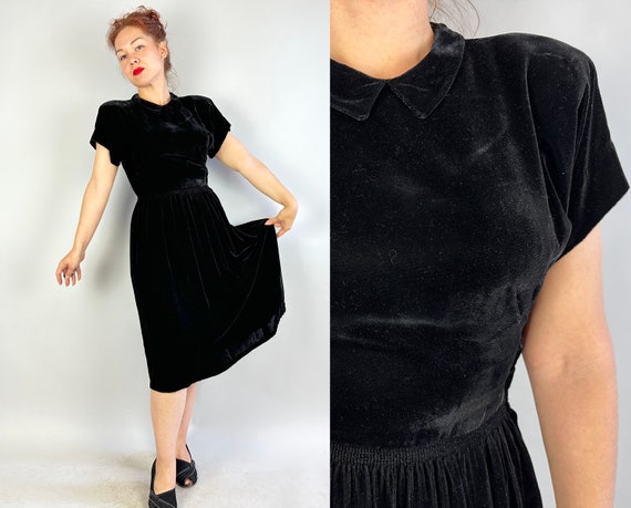 1940s Film Noir Fantasy Femme Frock | Vintage 40s Black Silk Velvet LBD with Strong Padded Shoulders Keyhole and Waist Smocking | Small