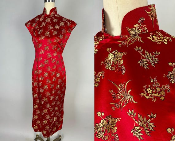 1950s Radiant Ruby Cheongsam | Vintage 50s Red Silk Brocade Traditional Chinese Dress Qipoa with Shimmering Gold Floral Pattern | Small