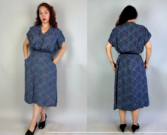 1940s Hugs and Kisses Frock Vintage 40s Blue and Pink Rayon