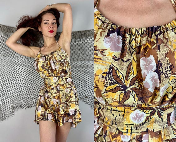 1950s Tiki Tootsie Romper | Vintage 50s Yellow Brown and White Hawiian Floral Cotton Halter Neck Playsuit with Cummerbund Belt | Large