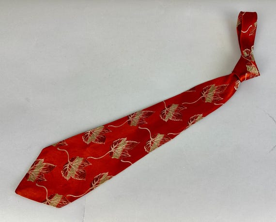 1930s Autumn Spice Necktie | Vintage 30s Spiced Pumpkin Orange Silk Brocade Falling Leaf Self Tie Cravat with Hints of Pearl and Silver