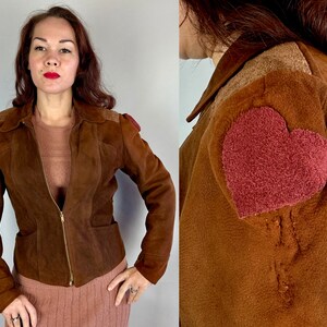 1930s Rambler Rhonda Belted Back Jacket | Vintage 30s Brown Suede Leather Deco Doll Casual Coat with Decorative <3 Patch! | Small Medium