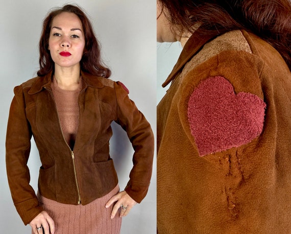 1930s Rambler Rhonda Belted Back Jacket | Vintage 30s Brown Suede Leather Deco Doll Casual Coat with Decorative <3 Patch! | Small Medium