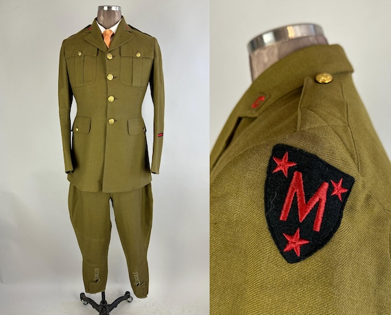 1920s Manlius Military Man Uniform | Vintage 20s Army Green Wool Jodhpur Suit Dated 1929 with Jacket & Patches Set | Size 36/38 Small/Medium