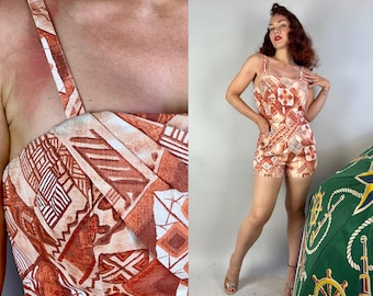 1950s Pinup Paradise Playsuit | Vintage 50s Orange Brown and White Tribal Hawaiian Tiki Print Cotton Romper Swimsuit with Pockets | Medium