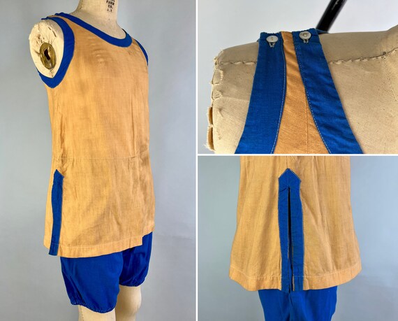 1910s Sunset on the Water Swimsuit | Vintage Antique Edwardian Teens Cotton Two-Tone Golden Yellow Bathing Suit w/ Blue Trim | Medium/Large