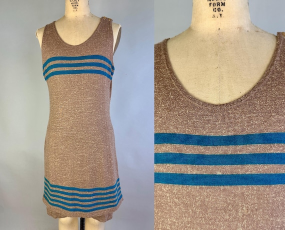 1920s Sandy Seashore Swimsuit | Vintage 20s Heathered Brown Wool One Piece Bathing Suit with Teal Stripes & Skirted Shorts | Medium Large