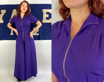 1930s Jump for Joy Jumpsuit! | Vintage 30s Royal Purple Wool Crepe One Piece Lounge Play Set w/Orange Top Stitching & Puff Sleeves | Small