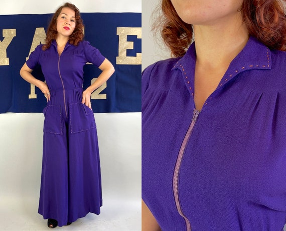 1930s Jump for Joy Jumpsuit! | Vintage 30s Royal Purple Wool Crepe One Piece Lounge Play Set w/Orange Top Stitching & Puff Sleeves | Small